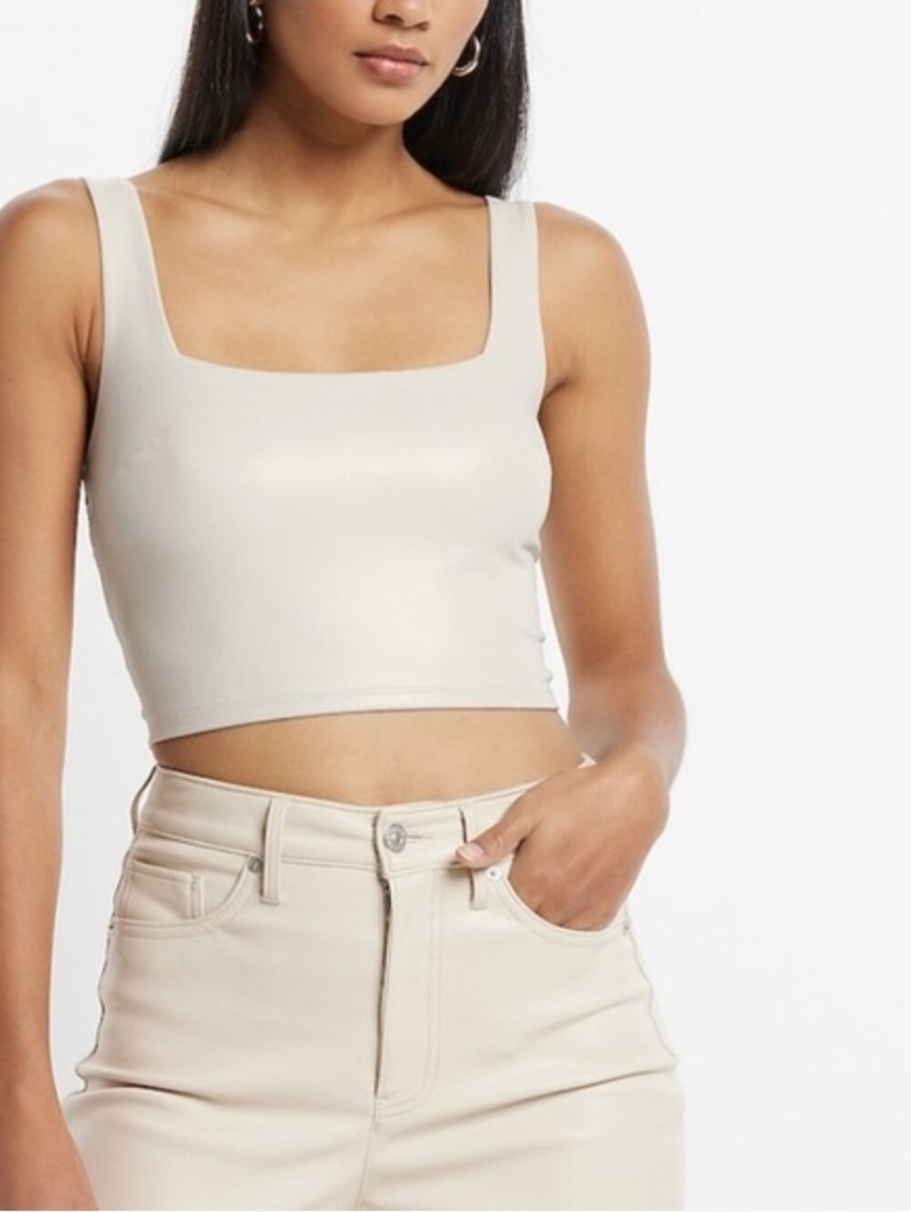 Express Faux Leather Contour Cream Square-Neck Cropped Camisole Tank SZ XL